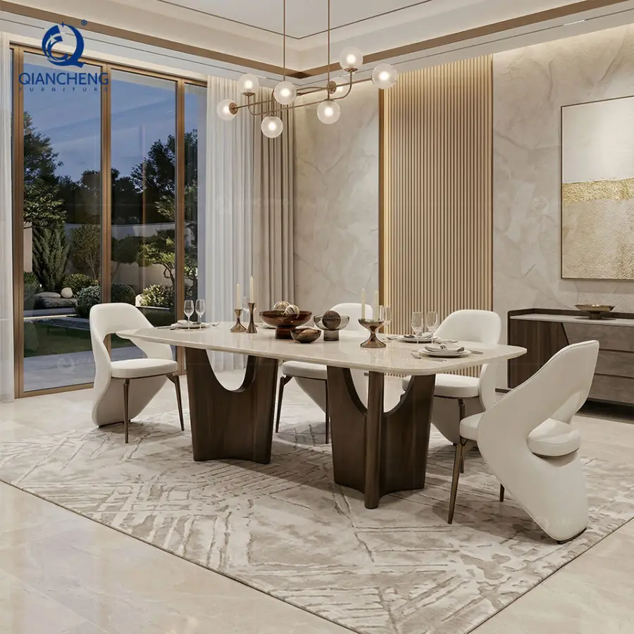 China Foshan Dining Room Furniture Table Set 6 8 Seater Luxury Modern Marble Stainless Steel High End Dining Table Chair — image 4
