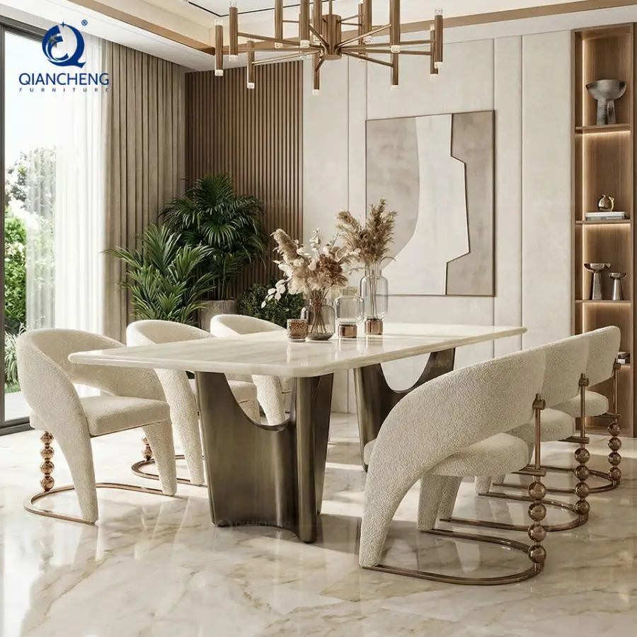 China Foshan Dining Room Furniture Table Set 6 8 Seater Luxury Modern Marble Stainless Steel High End Dining Table Chair — image 5
