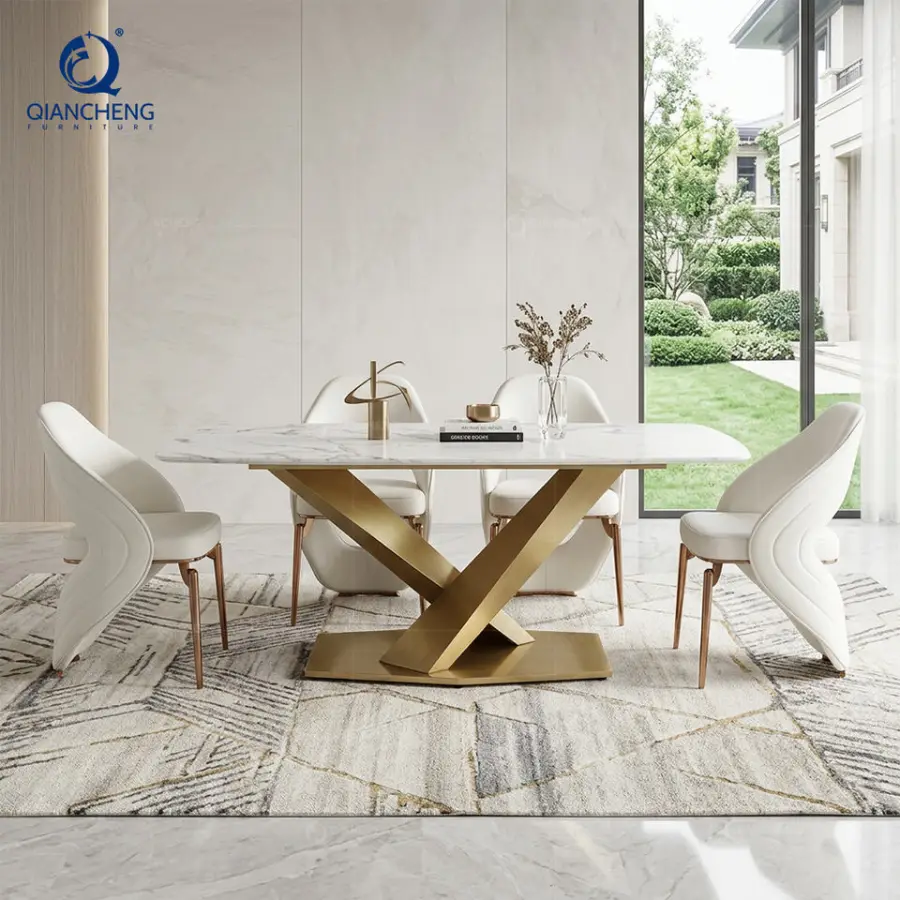 QIANCHENG OME Foshan Suppliers 6 Seater Italian Dining Table Furniture Designs with Carbon Steel Legs Dining Table — view 1