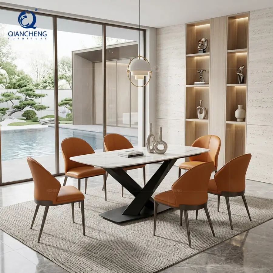 QIANCHENG OME Foshan Suppliers 6 Seater Italian Dining Table Furniture Designs with Carbon Steel Legs Dining Table — image 3