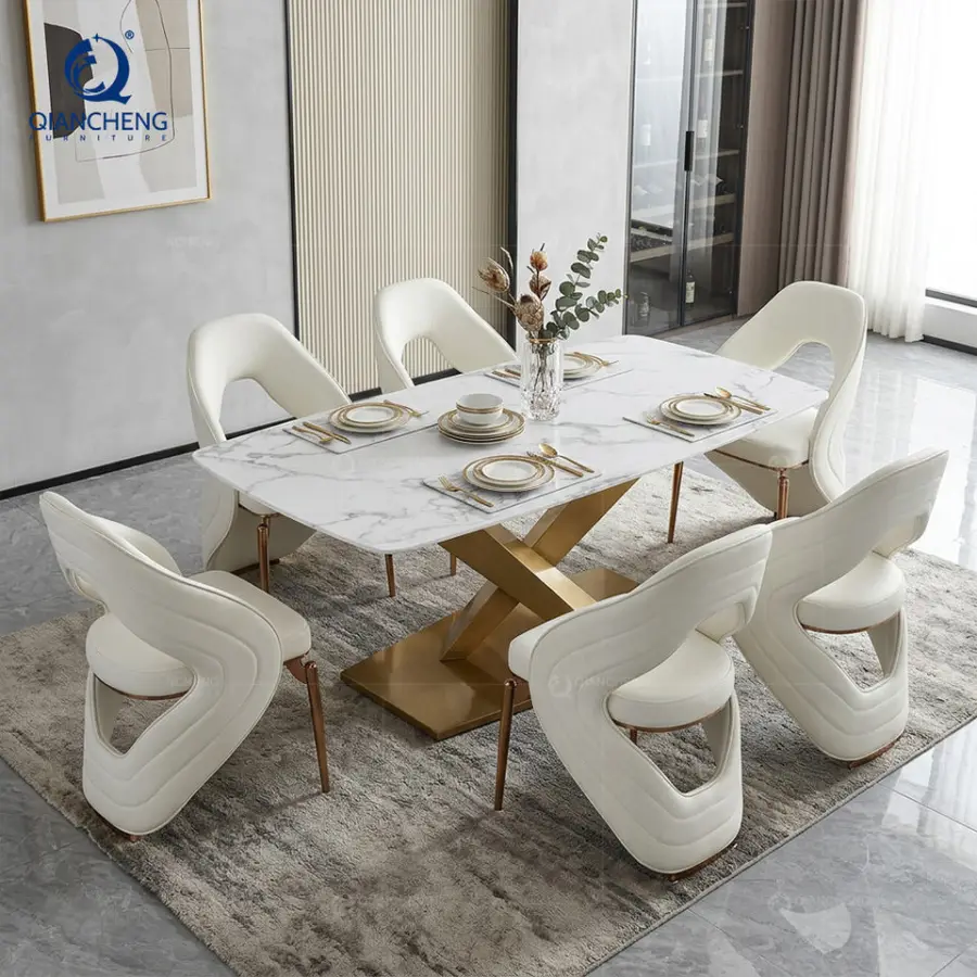 QIANCHENG OME Foshan Suppliers 6 Seater Italian Dining Table Furniture Designs with Carbon Steel Legs Dining Table — image 4