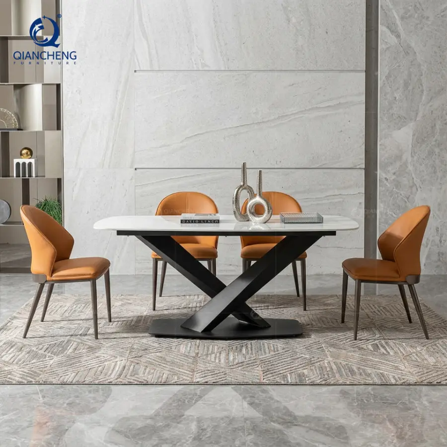 QIANCHENG OME Foshan Suppliers 6 Seater Italian Dining Table Furniture Designs with Carbon Steel Legs Dining Table — image 5