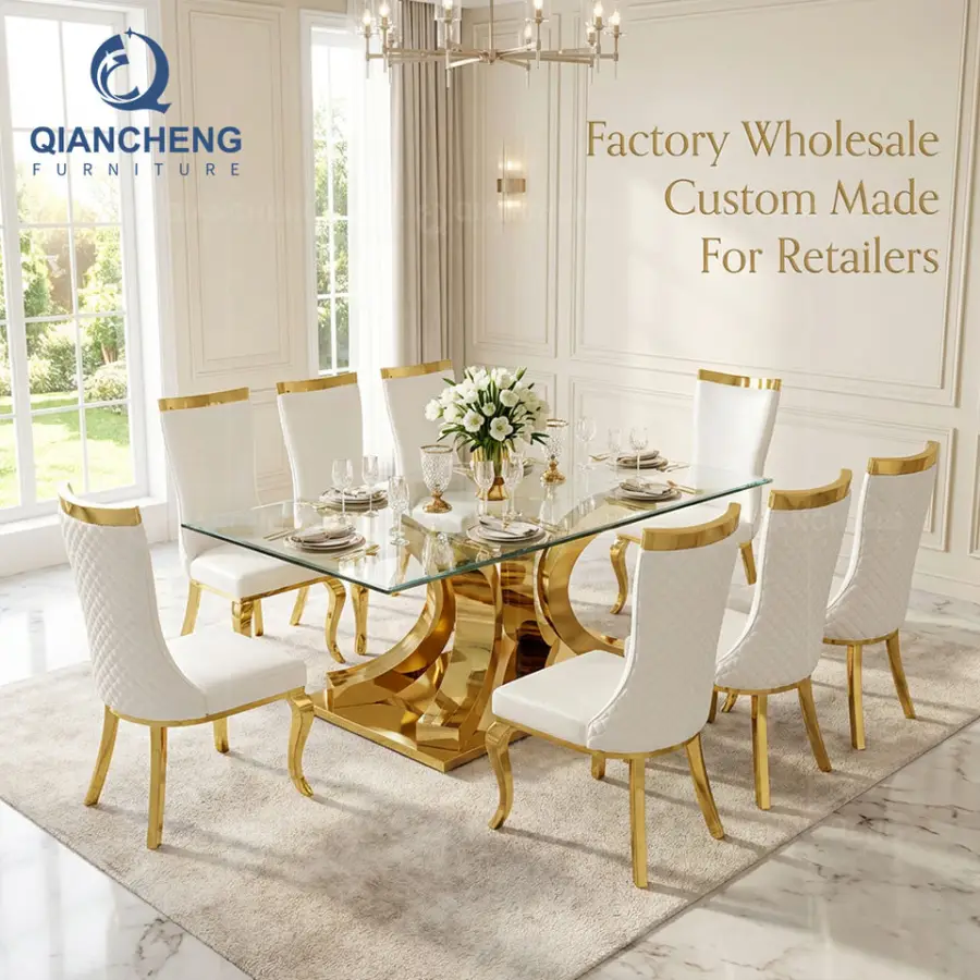 Wholesale Modern Stainless Steel Gold Frame Dining Table Set, Custom Table Manufacturer for US & Africa Showrooms — image 4