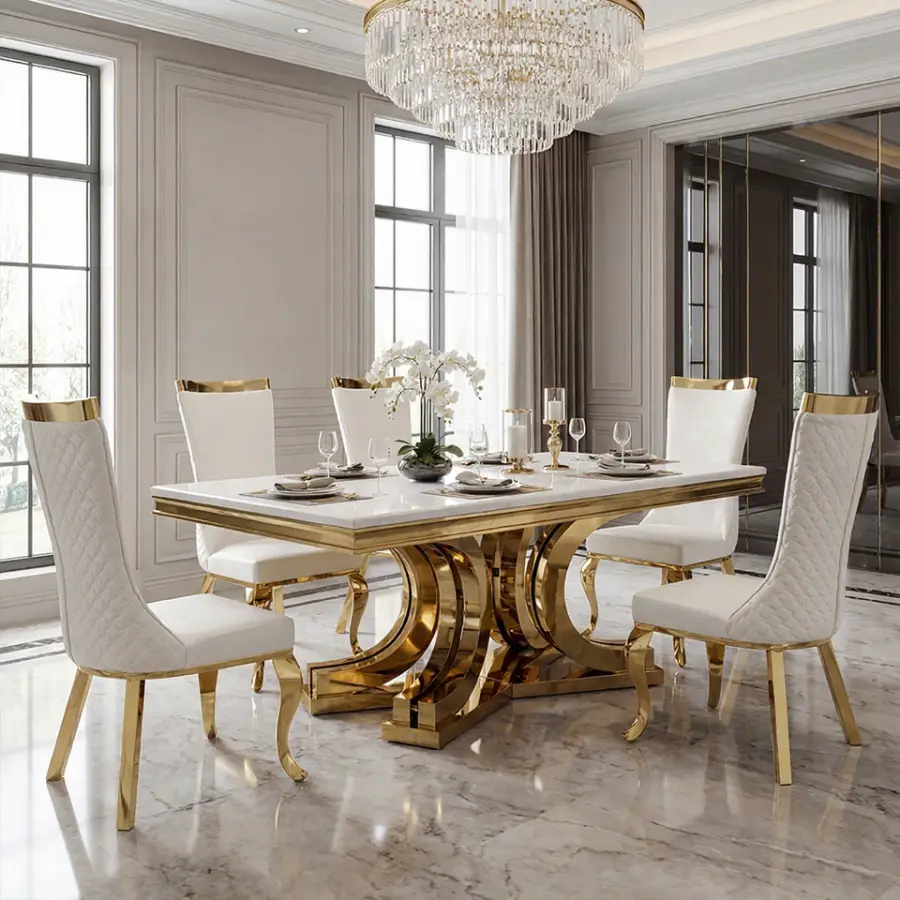 Wholesale Modern Stainless Steel Gold Frame Dining Table Set, Custom Table Manufacturer for US & Africa Showrooms — image 5