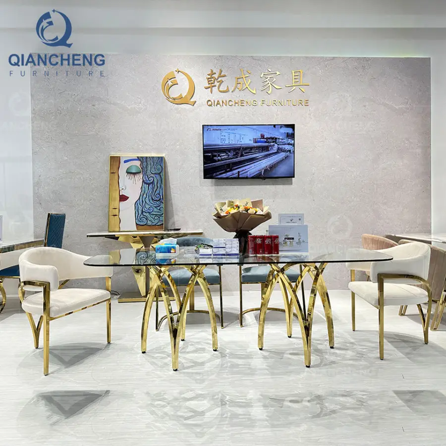 Wholesale High Gloss Glass Top Dinning Room Kitchen Tables Set 8 Seater Luxury Gold Dining Table and Chair — image 3