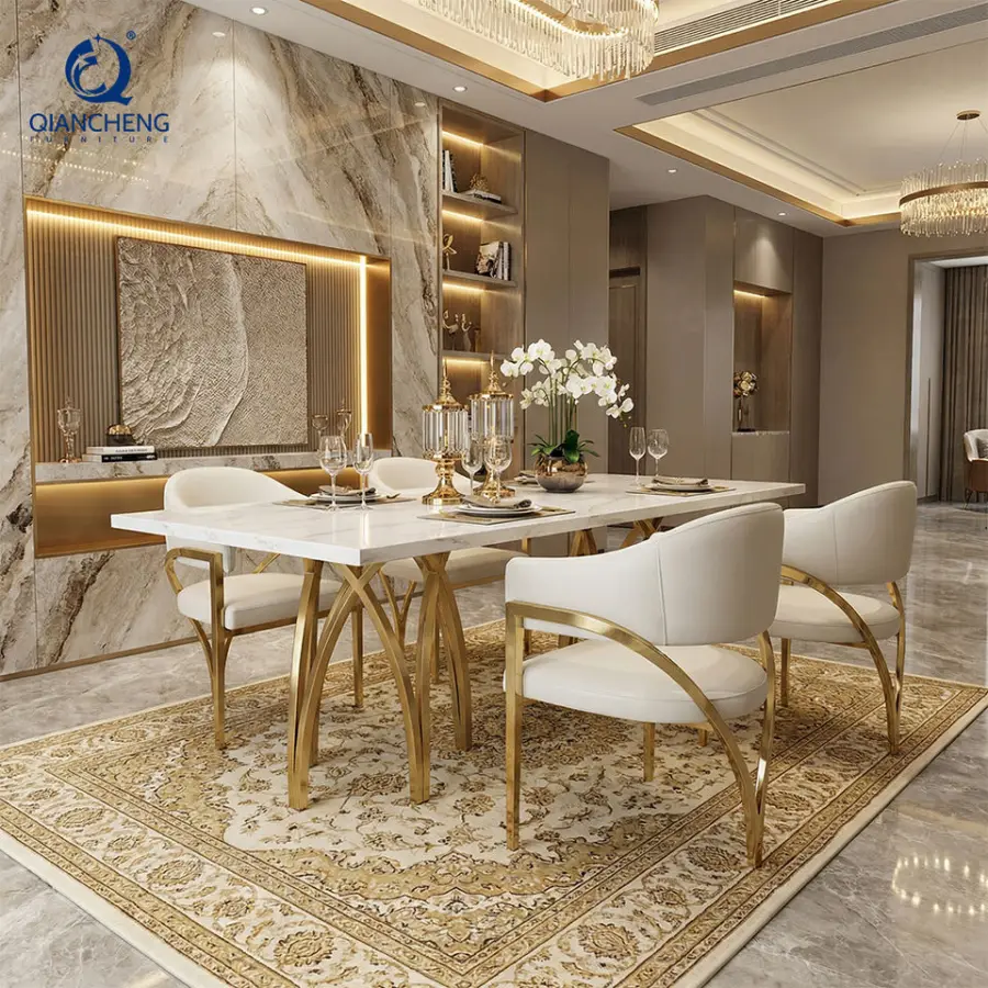 Wholesale High Gloss Glass Top Dinning Room Kitchen Tables Set 8 Seater Luxury Gold Dining Table and Chair — image 4