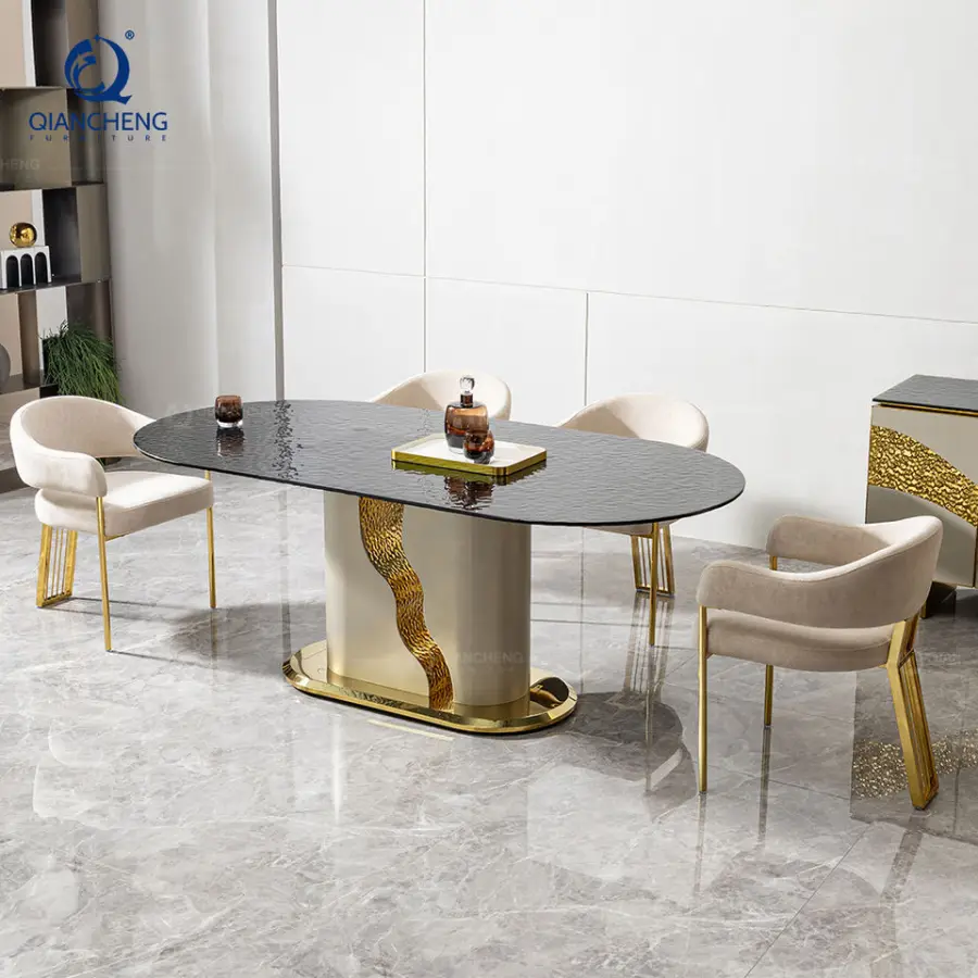 Modern Style Elegant Dining Table for Luxury Villa Furniture Complete Design Wave Stainless Steel Base Large Size Oil Dining Set — image 3