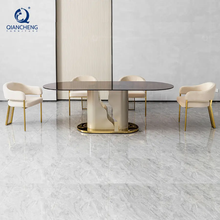 Modern Style Elegant Dining Table for Luxury Villa Furniture Complete Design Wave Stainless Steel Base Large Size Oil Dining Set — image 4