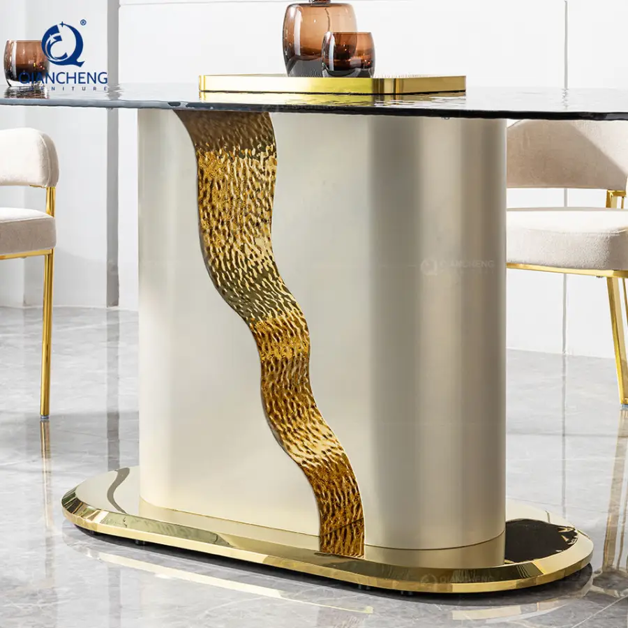 Modern Style Elegant Dining Table for Luxury Villa Furniture Complete Design Wave Stainless Steel Base Large Size Oil Dining Set — image 5