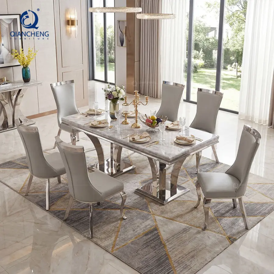 Wholesale Imported Dinning Room Tables Trade Volume Orders/Distributors Kitchen Gray Marble Dining Room Sets of Six Chai — view 1