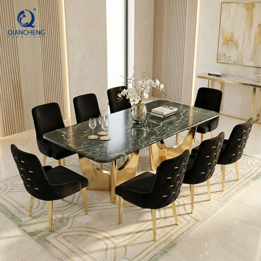 Modern New White Cream Onyx Marble Top Dining Table Set 8 Seater with Chairs Metal Base Furniture for Home and Hotel/villa — image 3