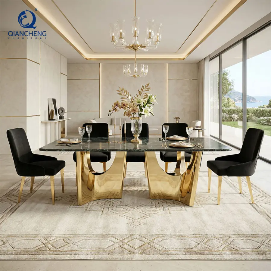 Modern New White Cream Onyx Marble Top Dining Table Set 8 Seater with Chairs Metal Base Furniture for Home and Hotel/villa — image 4