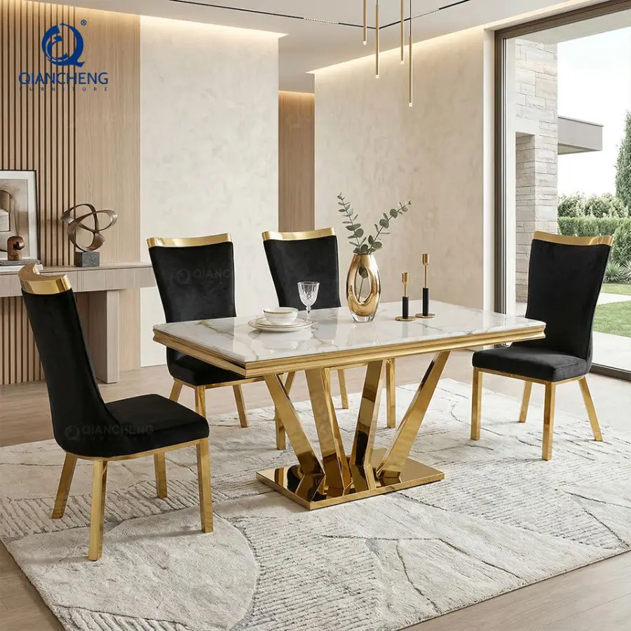 Modern Small Rectangle Metal Frame Stainless Steel Wedding Dining Table with Marble Top Home Furniture Catalogs From Fos — view 1