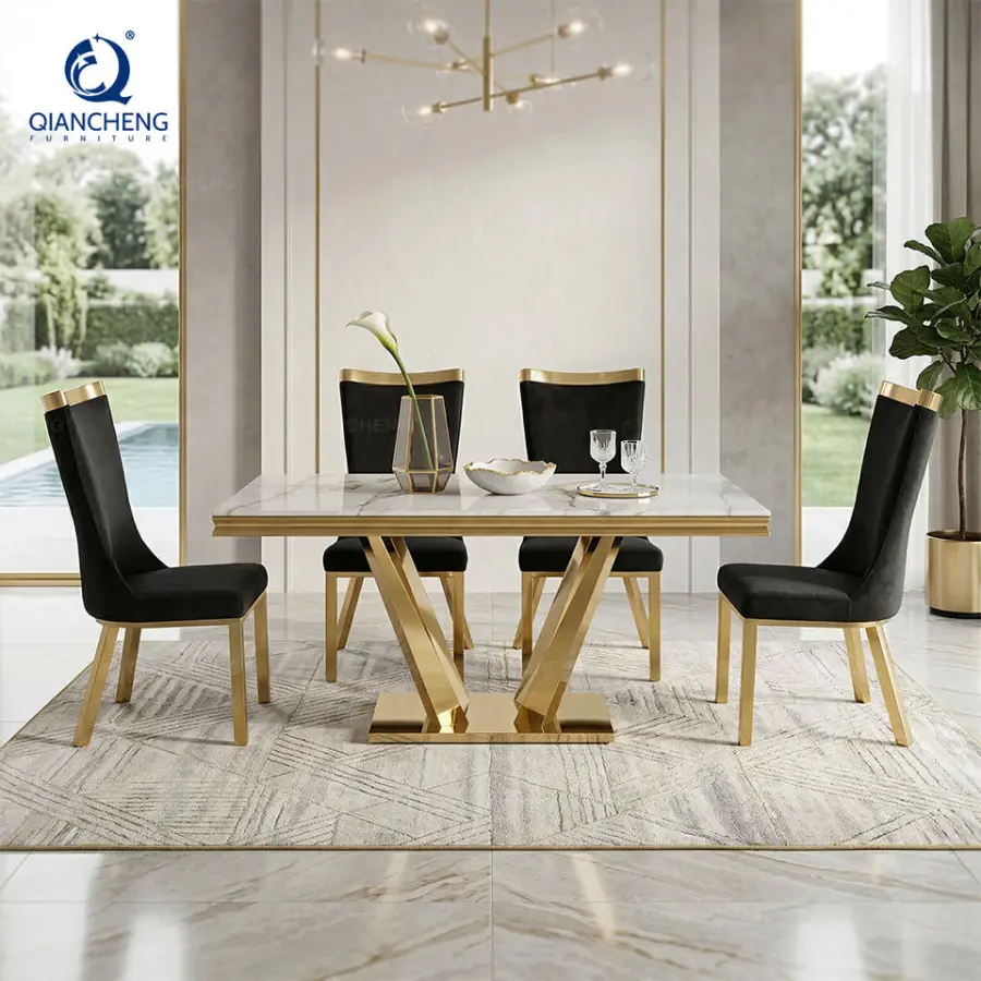 Modern Small Rectangle Metal Frame Stainless Steel Wedding Dining Table with Marble Top Home Furniture Catalogs From Foshan — image 3