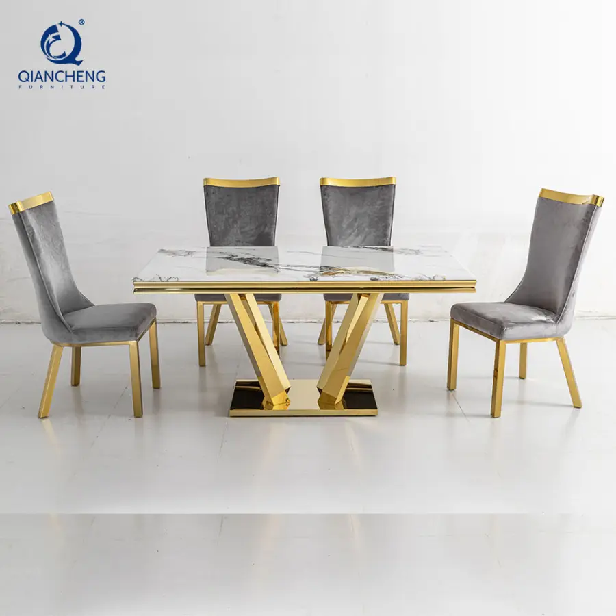 Modern Small Rectangle Metal Frame Stainless Steel Wedding Dining Table with Marble Top Home Furniture Catalogs From Foshan — image 4