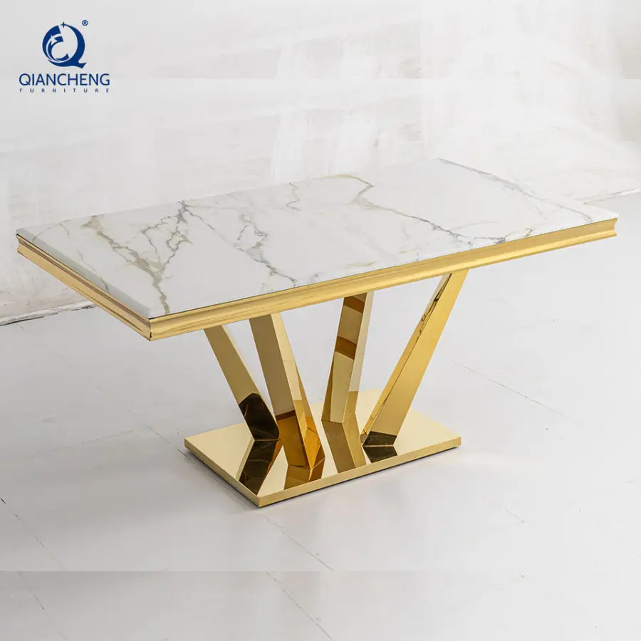 Modern Small Rectangle Metal Frame Stainless Steel Wedding Dining Table with Marble Top Home Furniture Catalogs From Foshan — image 5