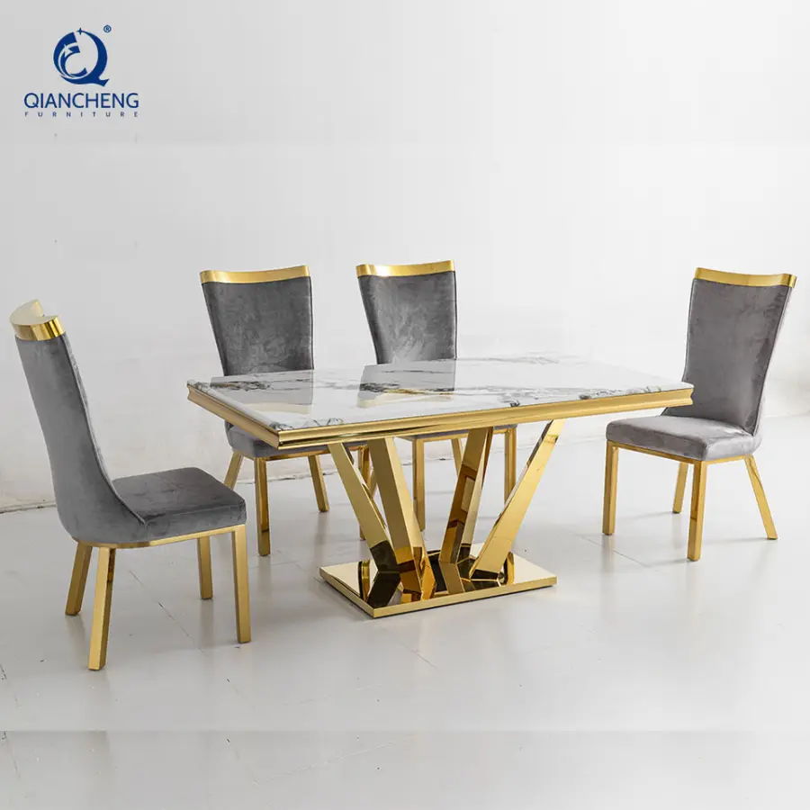 Modern Small Rectangle Metal Frame Stainless Steel Wedding Dining Table with Marble Top Home Furniture Catalogs From Foshan — image 6