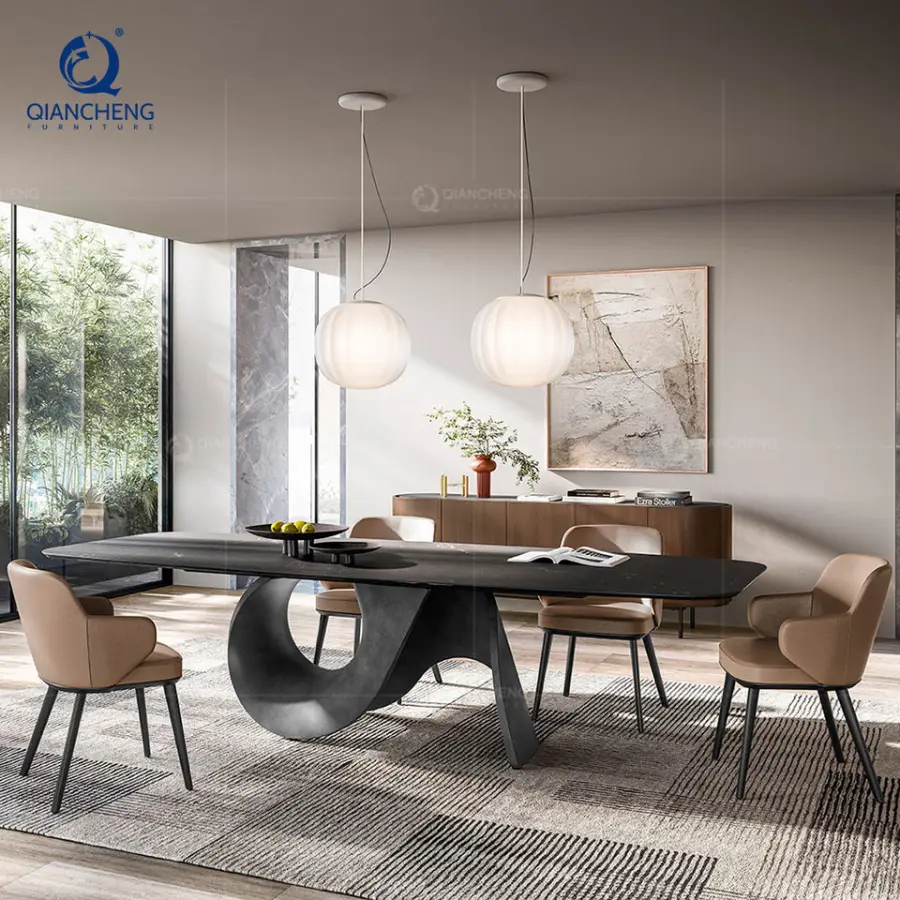 QIANCHENG Oem Ss Steel Home Modern Dinning Furniture Long Rectangle Minimalist Natural Thick Wood Slab Set Dining Table — view 1