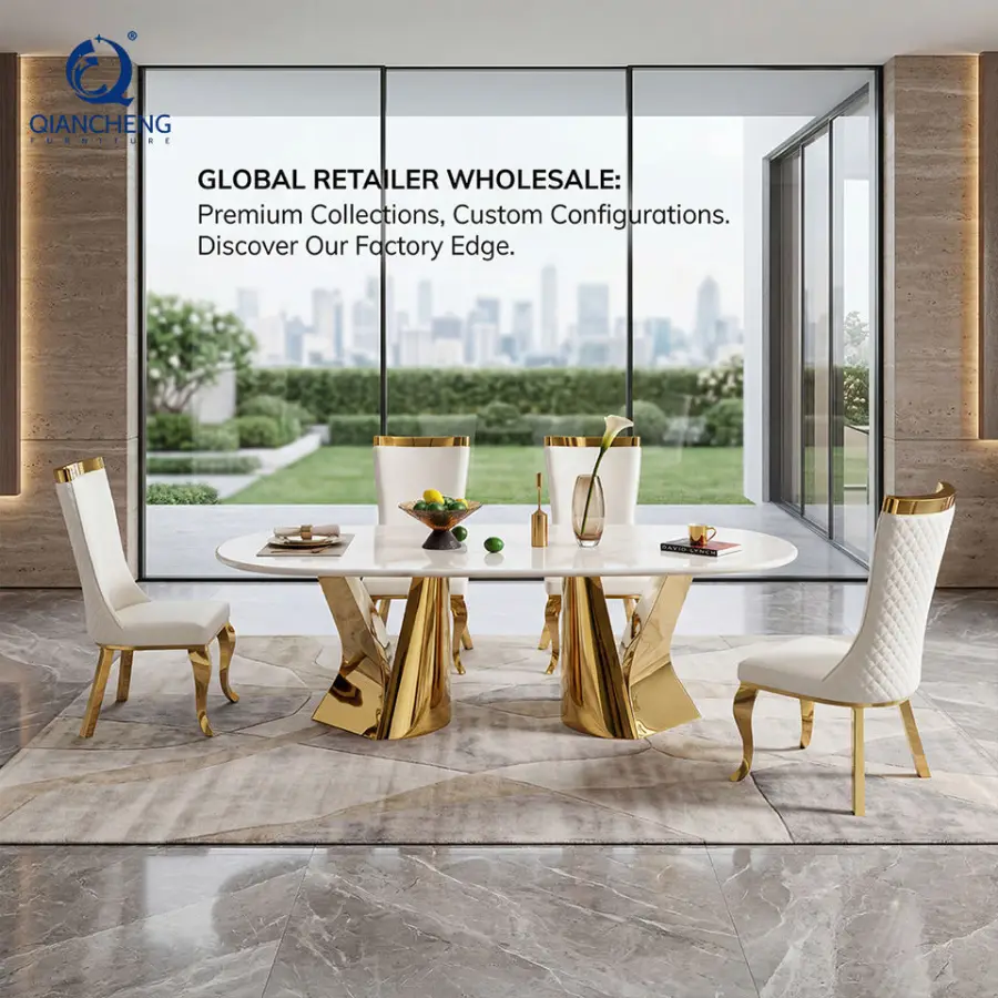 High End Stainless Steel Metal Base Marble Top Italian European Luxury Dining Table and Chair a Set 6-seater Supplier — image 3