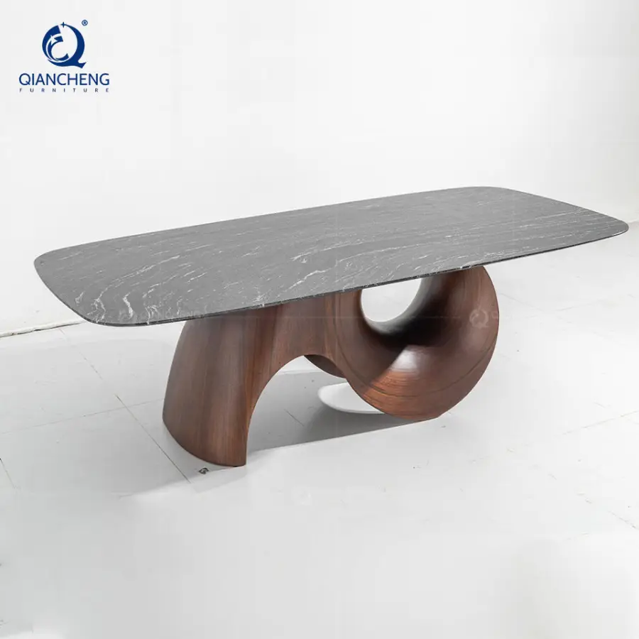 QIANCHENG Oem Ss Steel Home Modern Dinning Furniture Long Rectangle Minimalist Natural Thick Wood Slab Set Dining Table — image 3