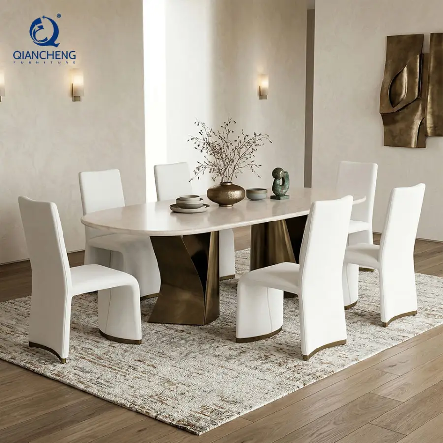 High End Stainless Steel Metal Base Marble Top Italian European Luxury Dining Table and Chair a Set 6-seater Supplier — image 4