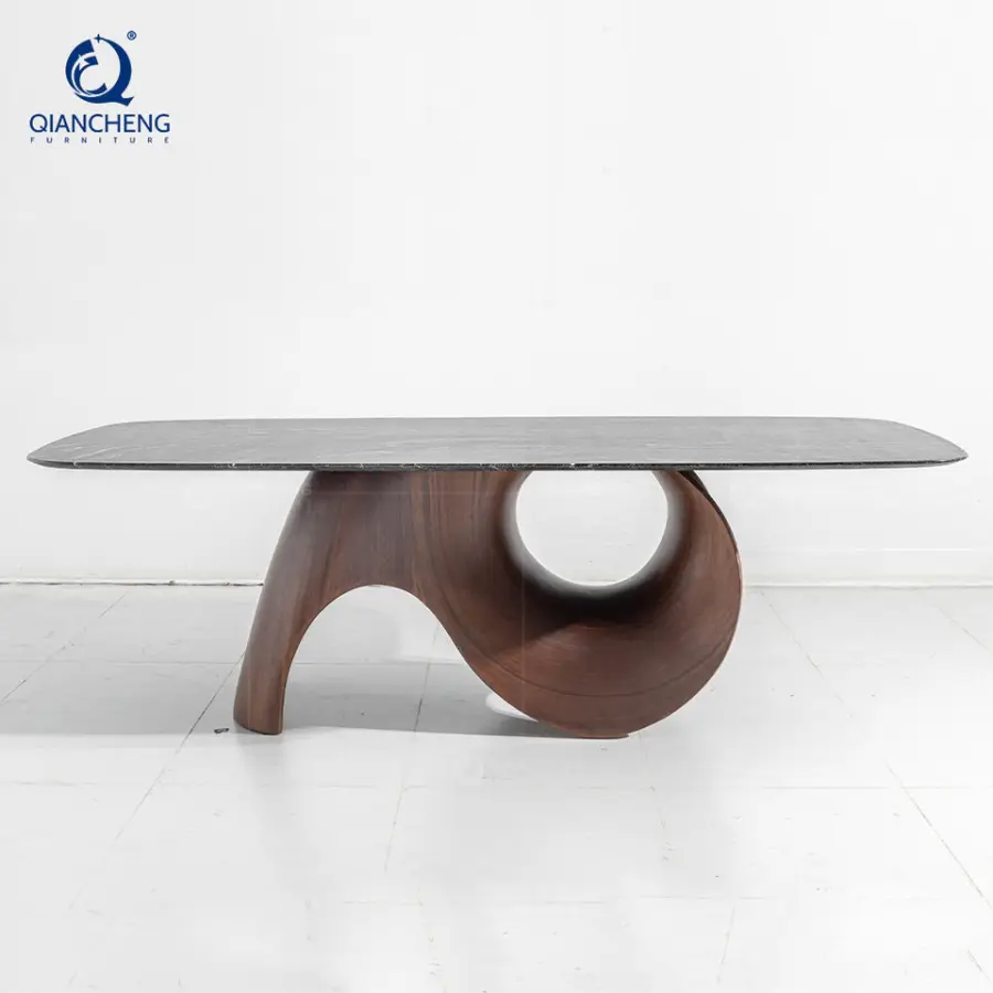 QIANCHENG Oem Ss Steel Home Modern Dinning Furniture Long Rectangle Minimalist Natural Thick Wood Slab Set Dining Table — image 5