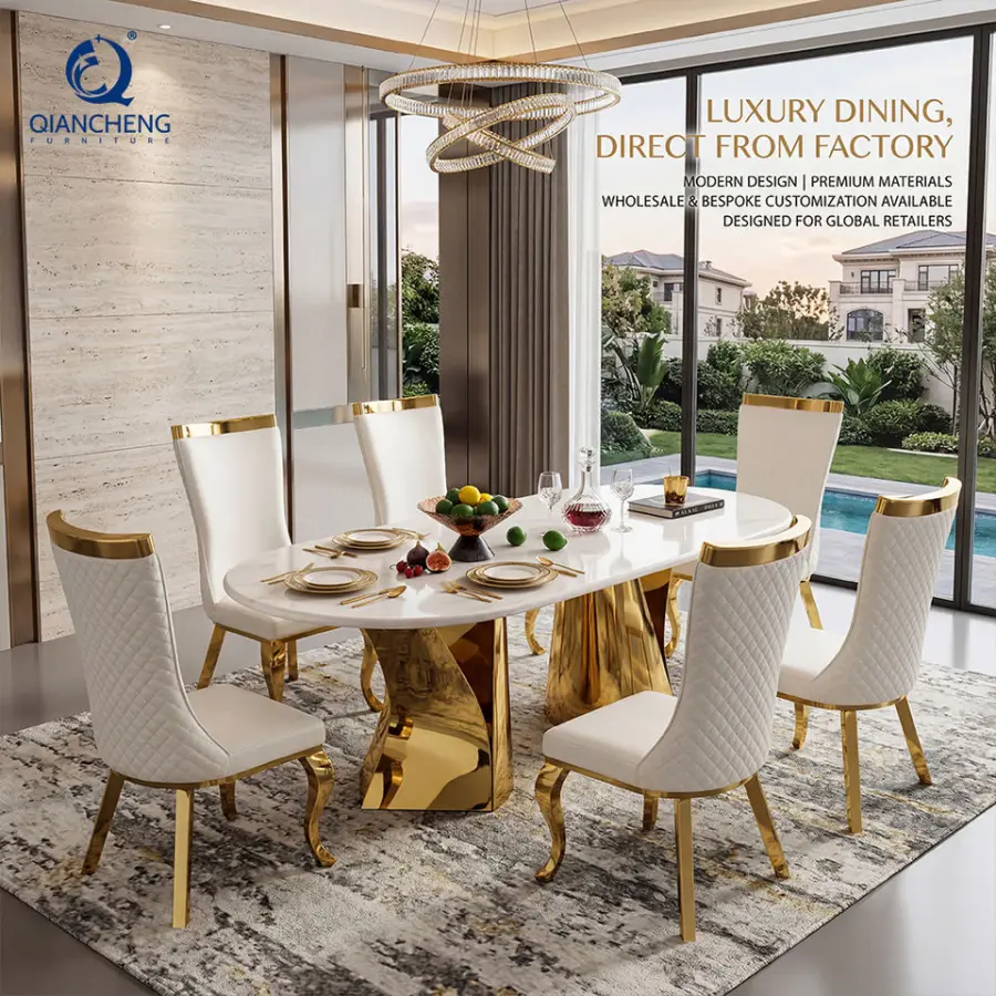 High End Stainless Steel Metal Base Marble Top Italian European Luxury Dining Table and Chair a Set 6-seater Supplier — image 5