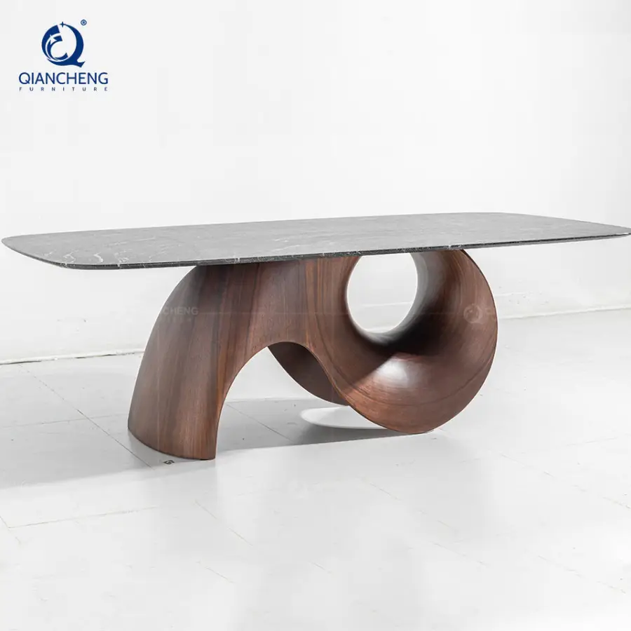QIANCHENG Oem Ss Steel Home Modern Dinning Furniture Long Rectangle Minimalist Natural Thick Wood Slab Set Dining Table — image 6