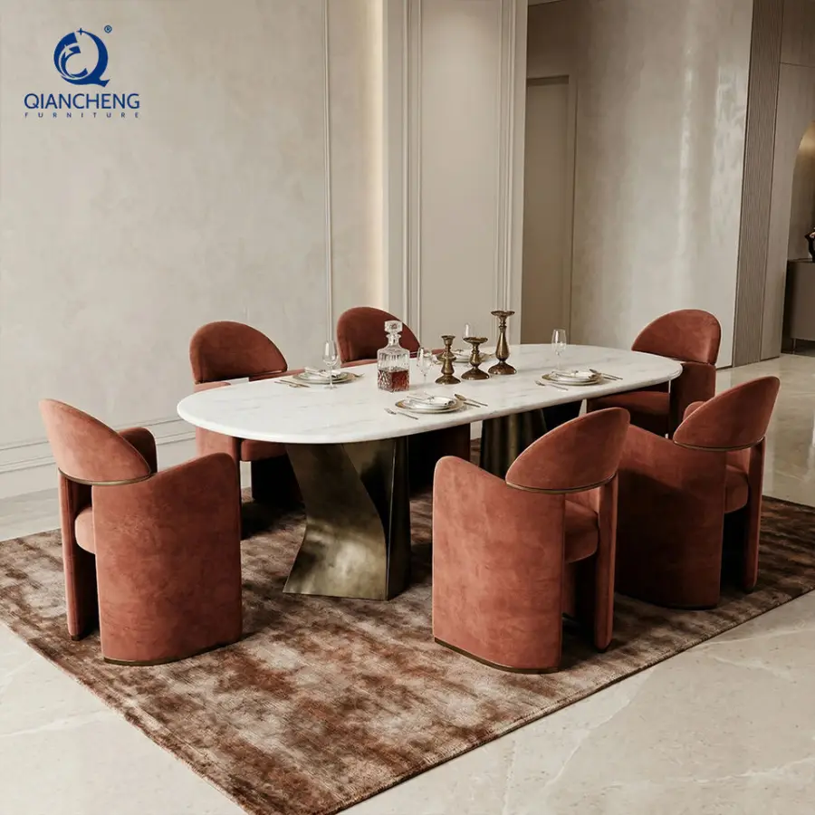 High End Stainless Steel Metal Base Marble Top Italian European Luxury Dining Table and Chair a Set 6-seater Supplier — image 6