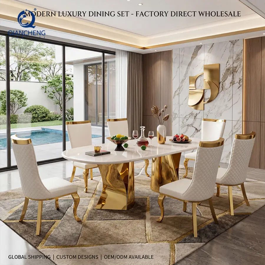 High End Stainless Steel Metal Base Marble Top Italian European Luxury Dining Table and Chair a Set 6-seater Supplier — image 7
