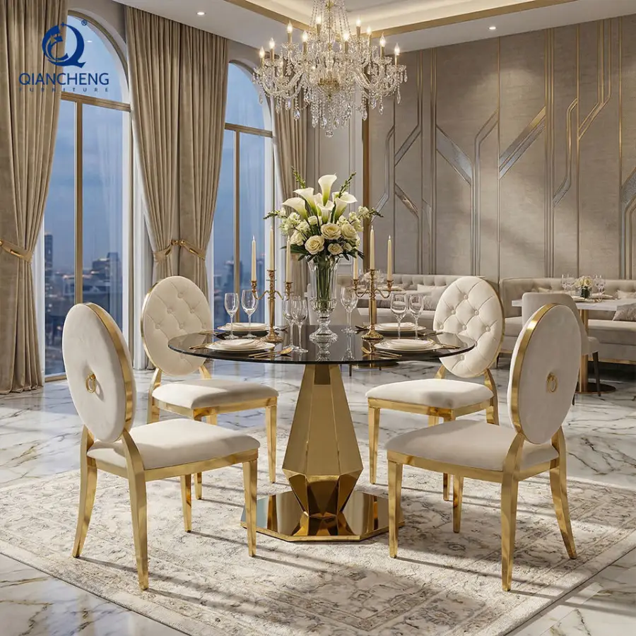 Modern Restaurant Stainless Steel Kitchen Dining Table Event Banquet Rental Furniture Round Glass Top Wedding Hotel Part — view 1