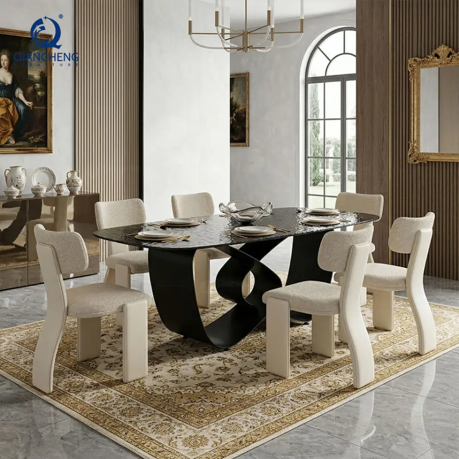 Modern Black Water Wave Tempered Glass Top Dining Table with Butterfly Shape Carbon Iron Steel Legs for Dining Room Furn — view 1