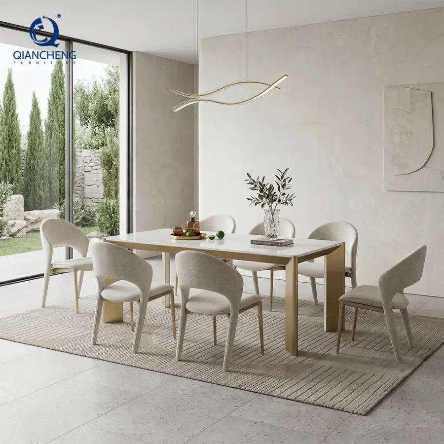 Foshan Manufacturer Direct Sale Luxury Customized Marble Rock Slab Dining Table Set New Design SS Metal Dining Room Furniture — image 3