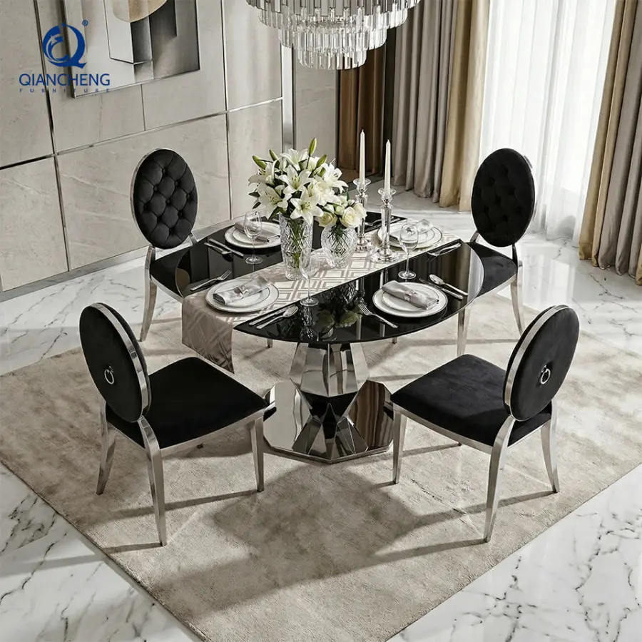 Modern Restaurant Stainless Steel Kitchen Dining Table Event Banquet Rental Furniture Round Glass Top Wedding Hotel Party Table — image 3