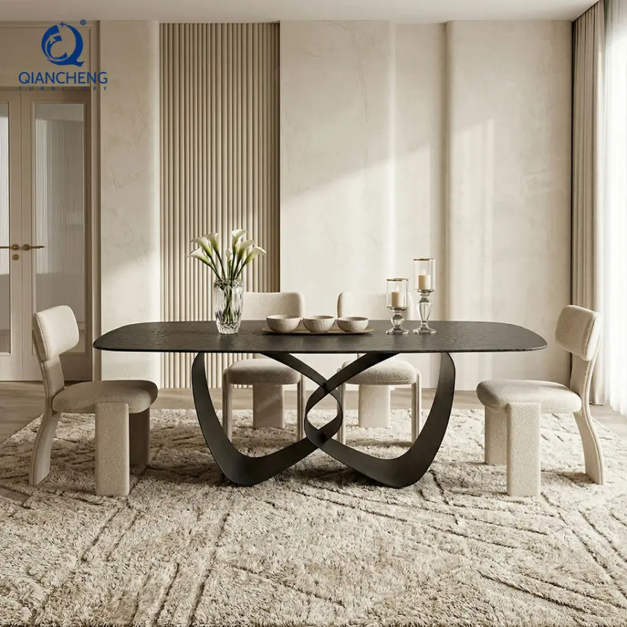 Modern Black Water Wave Tempered Glass Top Dining Table with Butterfly Shape Carbon Iron Steel Legs for Dining Room Furniture — image 3