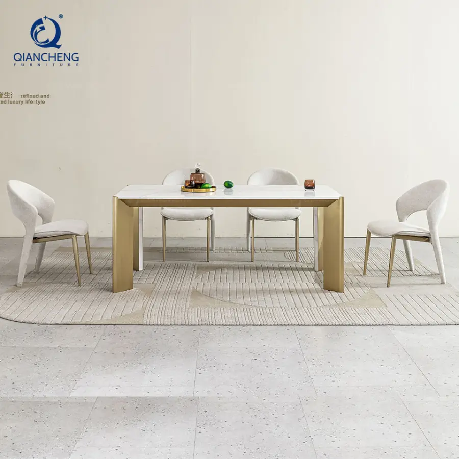 Foshan Manufacturer Direct Sale Luxury Customized Marble Rock Slab Dining Table Set New Design SS Metal Dining Room Furniture — image 4