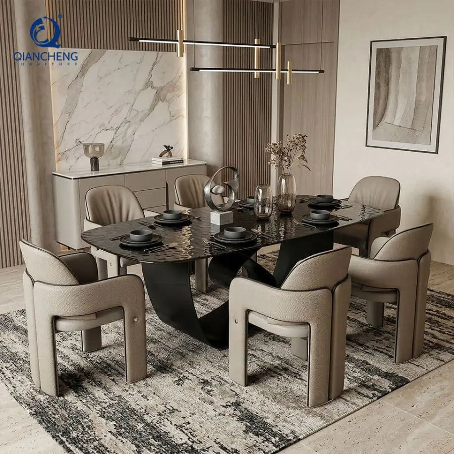 Modern Black Water Wave Tempered Glass Top Dining Table with Butterfly Shape Carbon Iron Steel Legs for Dining Room Furniture — image 4