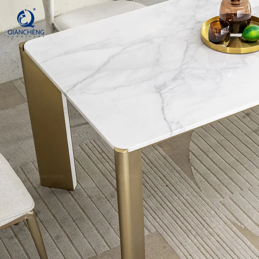 Foshan Manufacturer Direct Sale Luxury Customized Marble Rock Slab Dining Table Set New Design SS Metal Dining Room Furniture — image 5