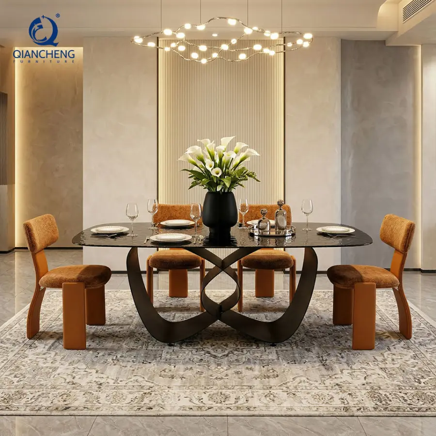 Modern Black Water Wave Tempered Glass Top Dining Table with Butterfly Shape Carbon Iron Steel Legs for Dining Room Furniture — image 5