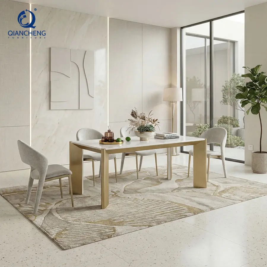 Foshan Manufacturer Direct Sale Luxury Customized Marble Rock Slab Dining Table Set New Design SS Metal Dining Room Furniture — image 6