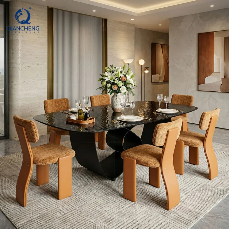 Modern Black Water Wave Tempered Glass Top Dining Table with Butterfly Shape Carbon Iron Steel Legs for Dining Room Furniture — image 6
