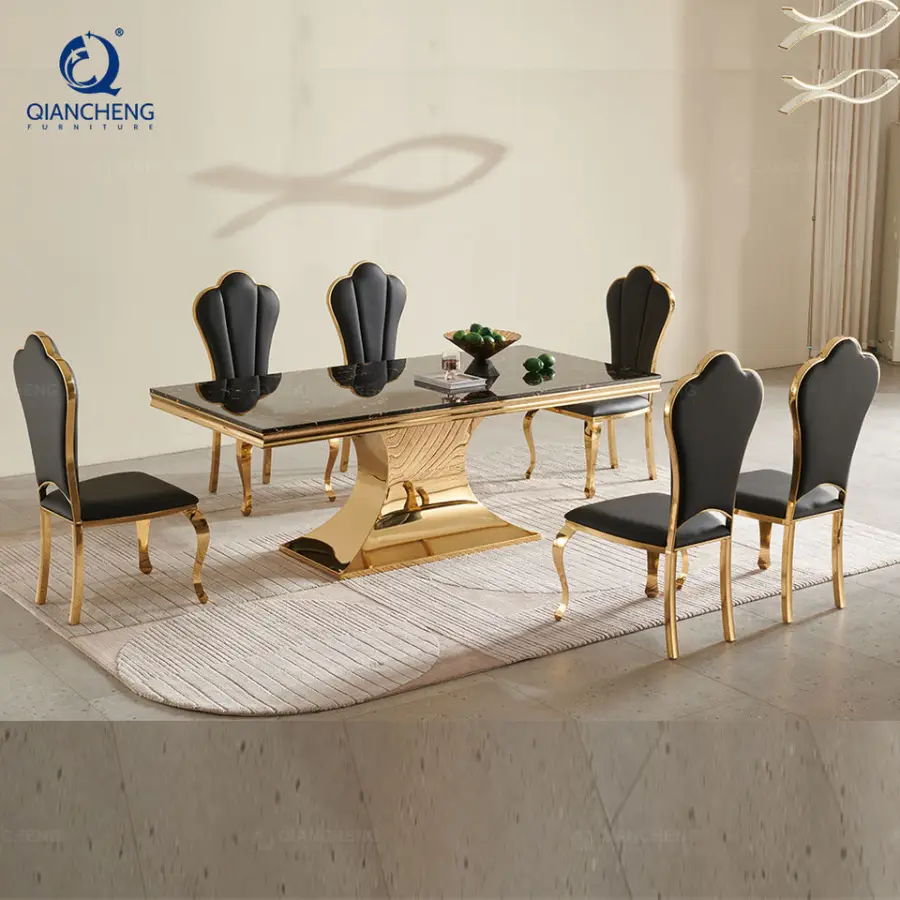 OEM Luxury Modern 70inch Dining Table Gold-Mirrored Finish Stainless Steel Base Black Faux Marble Top Dining Table 6-8 S — view 1