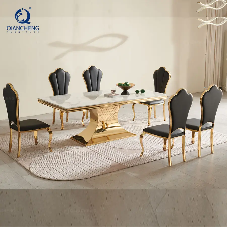 OEM Luxury Modern 70inch Dining Table Gold-Mirrored Finish Stainless Steel Base Black Faux Marble Top Dining Table 6-8 Seater — image 3