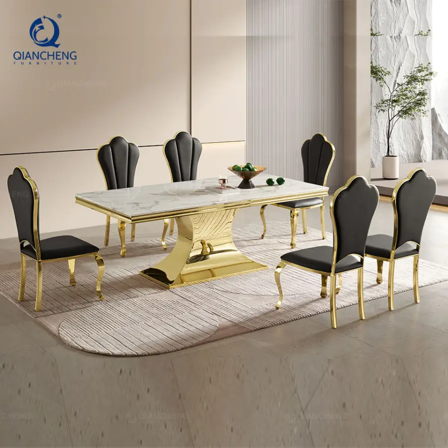 OEM Luxury Modern 70inch Dining Table Gold-Mirrored Finish Stainless Steel Base Black Faux Marble Top Dining Table 6-8 Seater — image 4