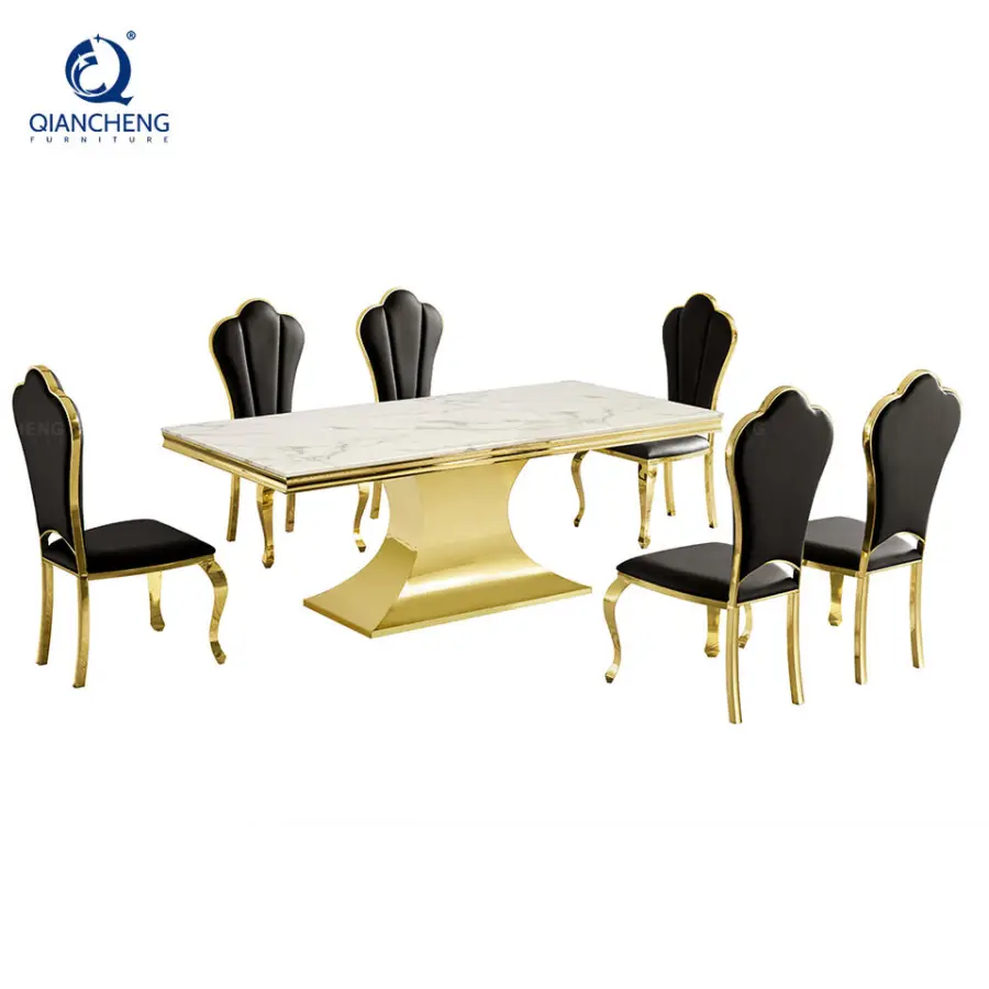 OEM Luxury Modern 70inch Dining Table Gold-Mirrored Finish Stainless Steel Base Black Faux Marble Top Dining Table 6-8 Seater — image 5