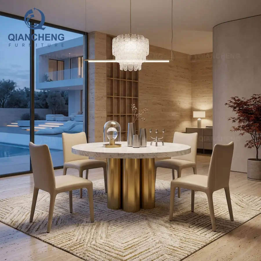 Italian Luxury Round Marble Restaurant Table Modern Gold Pedestal Column Base Bespoke Dining Table for Villa Wedding Furniture — image 3