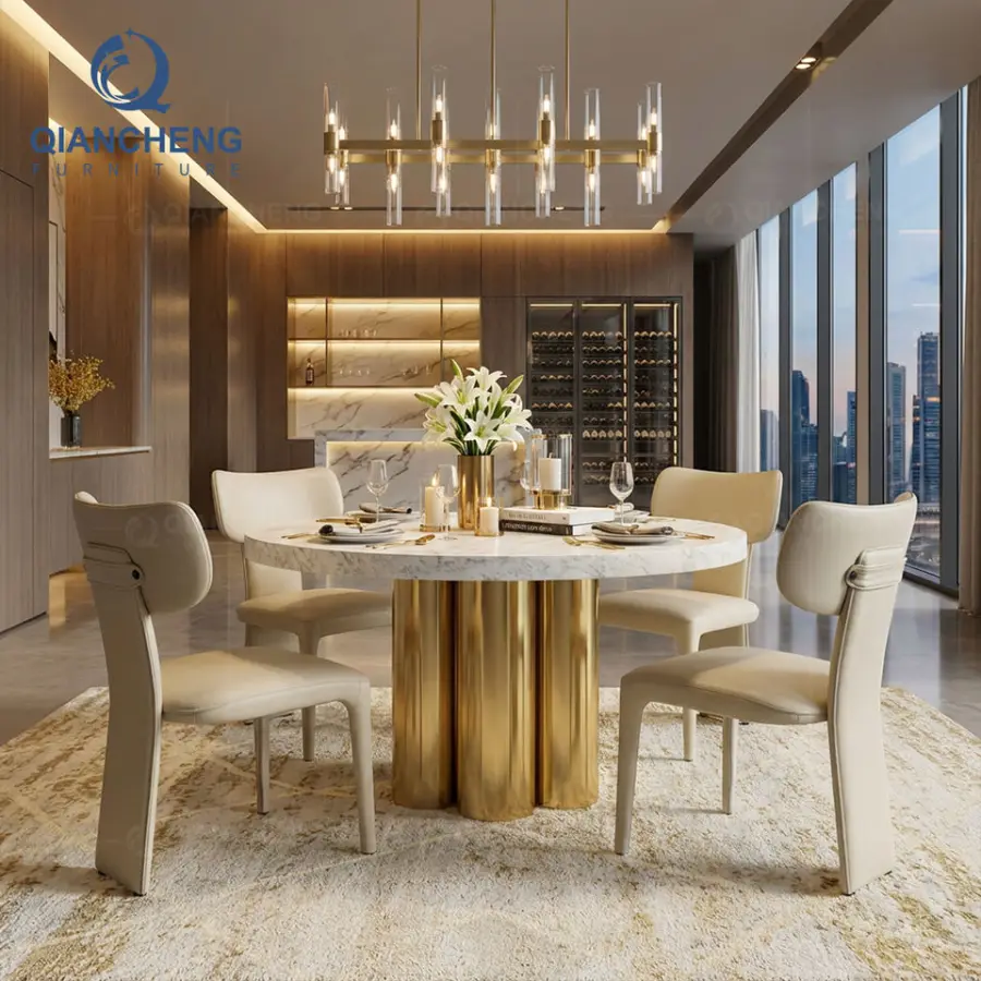 Italian Luxury Round Marble Restaurant Table Modern Gold Pedestal Column Base Bespoke Dining Table for Villa Wedding Furniture — image 4