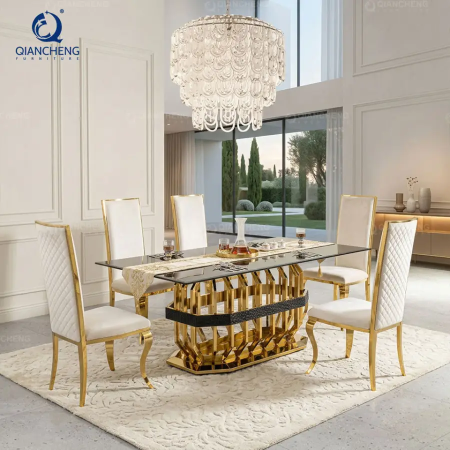 QIANCHENG Home Furniture Factory Ss Steel Supplier Black Tempered Glass Top Contemporary Dining Room Table Sets — view 1