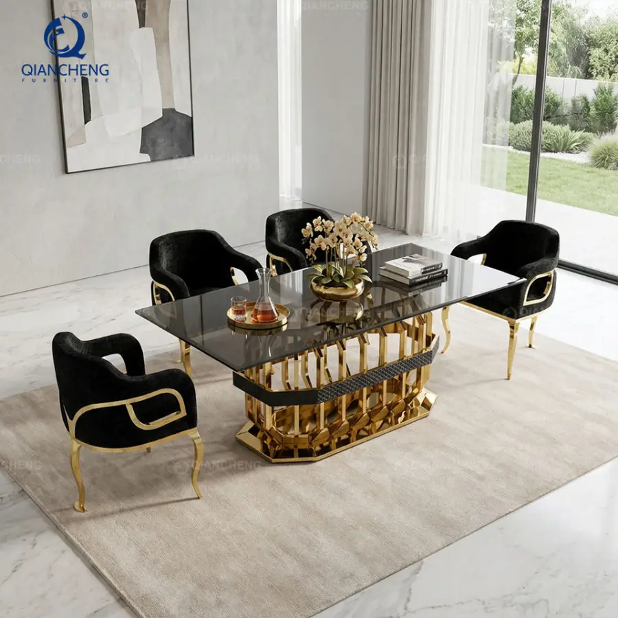 QIANCHENG Home Furniture Factory Ss Steel Supplier Black Tempered Glass Top Contemporary Dining Room Table Sets — image 3