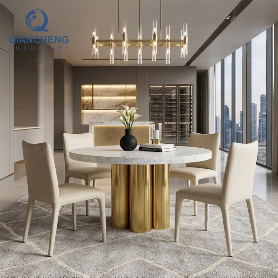 Italian Luxury Round Marble Restaurant Table Modern Gold Pedestal Column Base Bespoke Dining Table for Villa Wedding Furniture — image 5